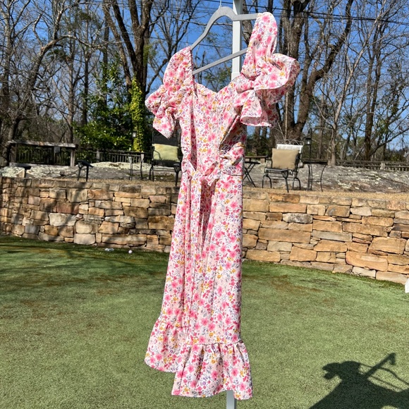 Flutter-Sleeve Garden Floral Dress with Apron Tie-Back - Picture 3 of 16